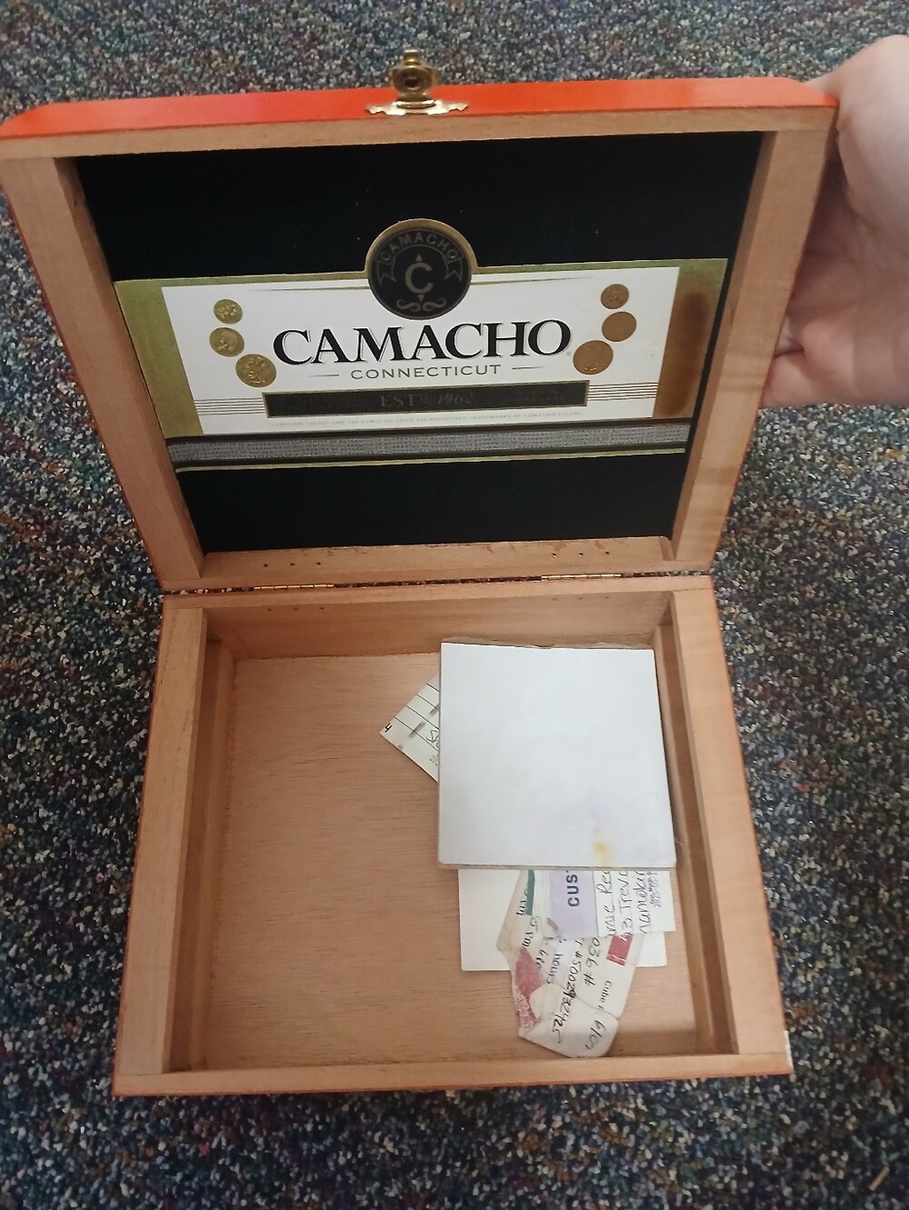 Camacho Wooden Cigar Box - Natural Wood with Black & Gold Interior